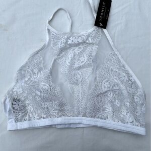 Youmita High-Neck Sheer Lace White Bralette XL